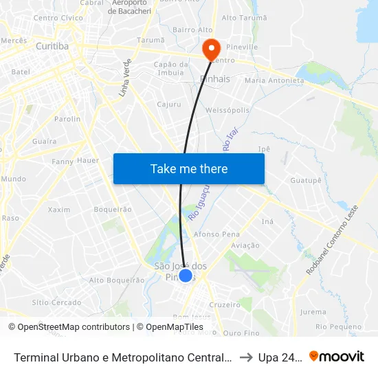 Terminal Urbano e Metropolitano Central de São José dos Pinhais to Upa 24 Horas map