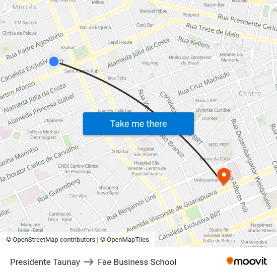 Presidente Taunay to Fae Business School map