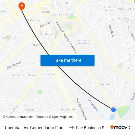 Uberaba - Av. Comendador Franco, 8440 to Fae Business School map