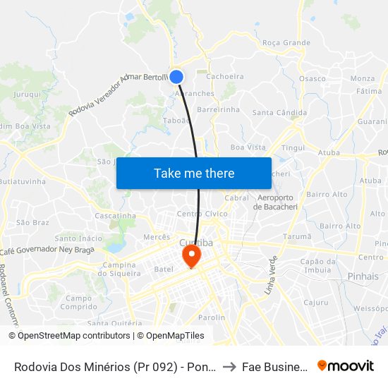 Rodovia Dos Minérios (Pr 092) - Ponto Final Linha Vila Suiça to Fae Business School map
