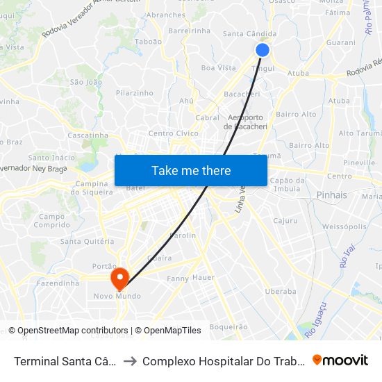 Terminal Santa Cândida to Complexo Hospitalar Do Trabalhador map