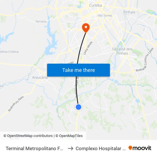 Terminal Metropolitano Fazenda Rio Grande to Complexo Hospitalar Do Trabalhador map