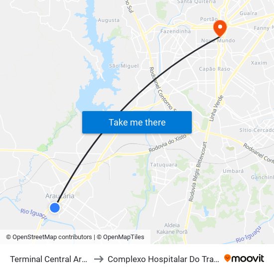 Terminal Central Araucária to Complexo Hospitalar Do Trabalhador map