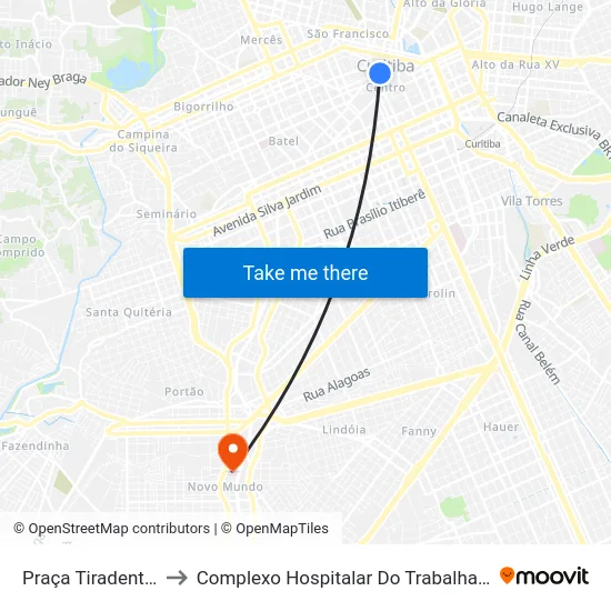 Praça Tiradentes (304) to Complexo Hospitalar Do Trabalhador map