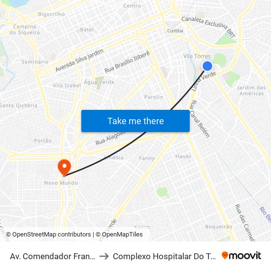 Av. Comendador Franco, 1689 to Complexo Hospitalar Do Trabalhador map