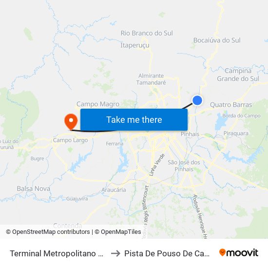 Terminal Metropolitano Guaraituba to Pista De Pouso De Campo Largo map