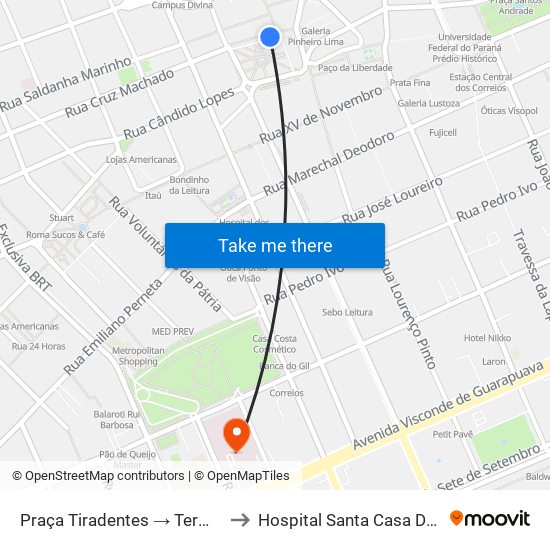 Praça Tiradentes → Terminal Bairro Alto to Hospital Santa Casa De Misericórdia map