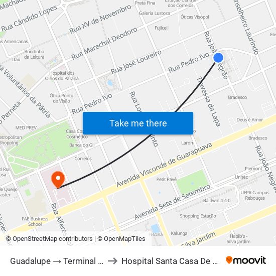 Guadalupe → Terminal Pinheirinho to Hospital Santa Casa De Misericórdia map