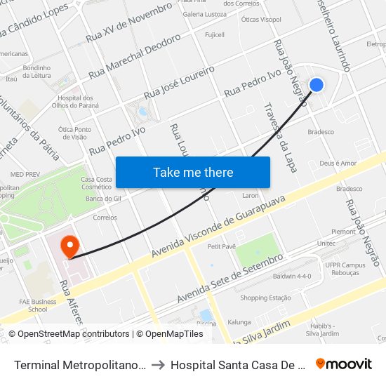 Terminal Metropolitano Guadalupe to Hospital Santa Casa De Misericórdia map