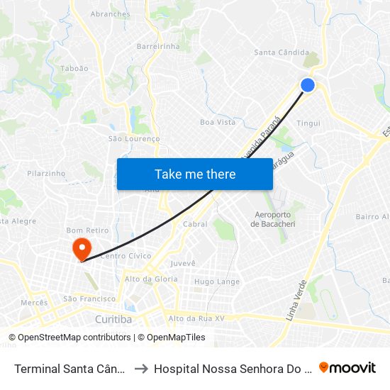 Terminal Santa Cândida to Hospital Nossa Senhora Do Pilar map