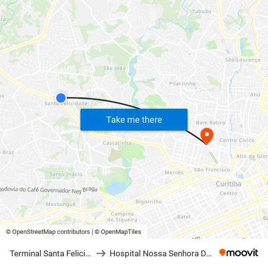Terminal Santa Felicidade to Hospital Nossa Senhora Do Pilar map