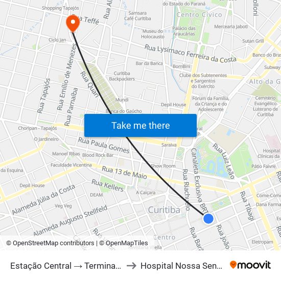 Estação Central → Terminal Santa Cândida to Hospital Nossa Senhora Do Pilar map