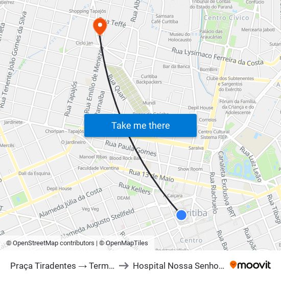 Praça Tiradentes → Terminal Pinhais to Hospital Nossa Senhora Do Pilar map