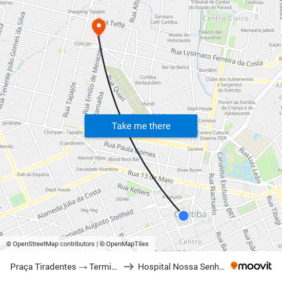 Praça Tiradentes → Terminal Bairro Alto to Hospital Nossa Senhora Do Pilar map