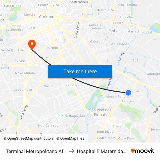 Terminal Metropolitano Afonso Pena to Hospital E Maternidade Brígida map