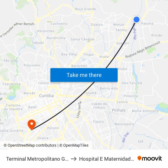 Terminal Metropolitano Guaraituba to Hospital E Maternidade Brígida map