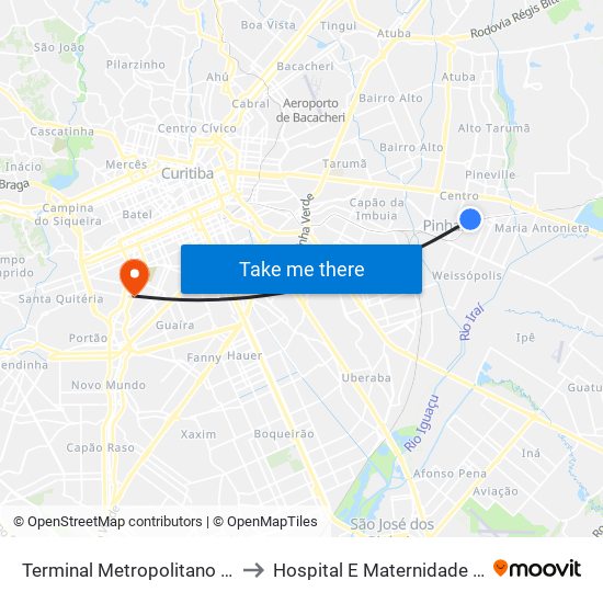 Terminal Metropolitano Pinhais to Hospital E Maternidade Brígida map