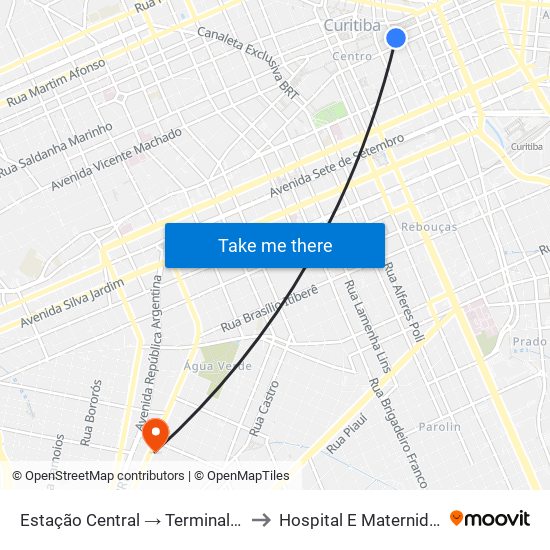 Estação Central → Terminal Santa Cândida to Hospital E Maternidade Brígida map