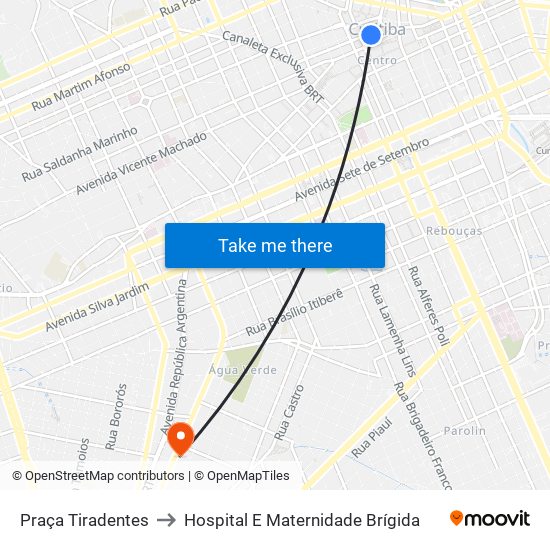 Praça Tiradentes → Terminal Bairro Alto to Hospital E Maternidade Brígida map