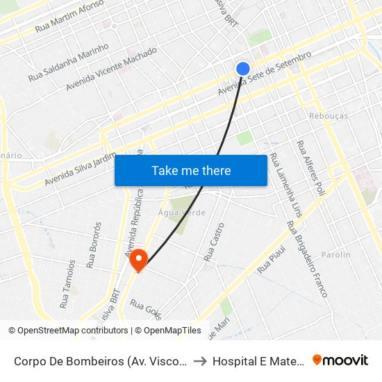 Corpo De Bombeiros (Av. Visconde De Guarapuava, 3571) to Hospital E Maternidade Brígida map