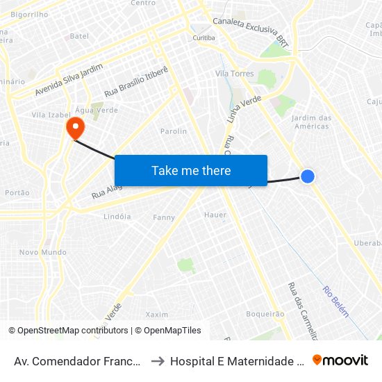 Av. Comendador Franco, 4485 to Hospital E Maternidade Brígida map