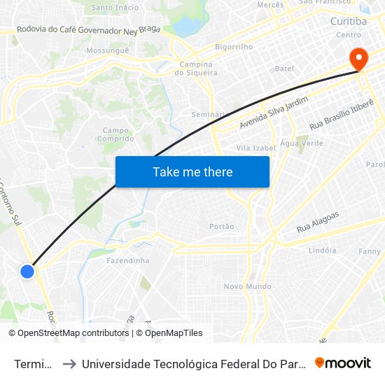 Terminal Caiuá to Universidade Tecnológica Federal Do Paraná - Campus Curitiba - Sede Centro map