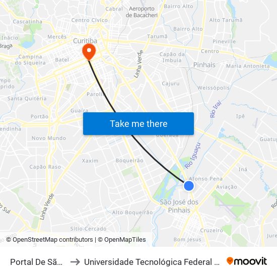 Portal De São José Dos Pinhais to Universidade Tecnológica Federal Do Paraná - Campus Curitiba - Sede Centro map