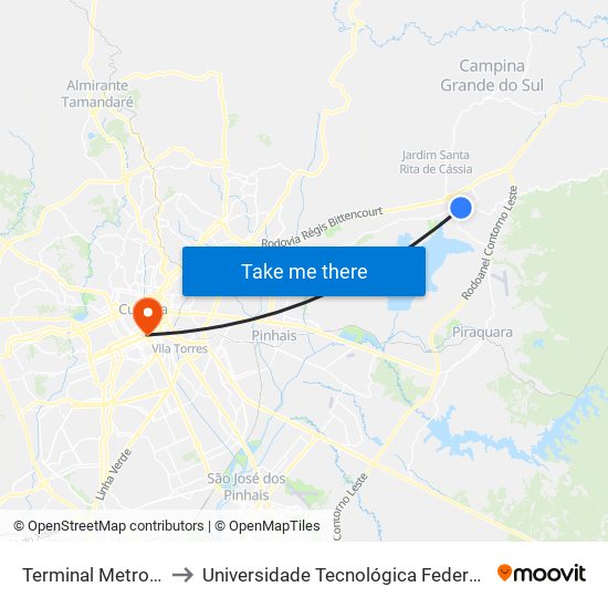 Terminal Metropolitano Quatro Barras to Universidade Tecnológica Federal Do Paraná - Campus Curitiba - Sede Centro map