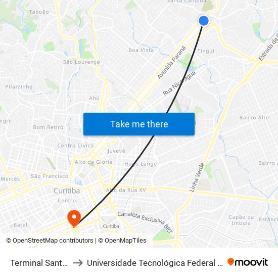 Terminal Santa Cândida (Externo) to Universidade Tecnológica Federal Do Paraná - Campus Curitiba - Sede Centro map