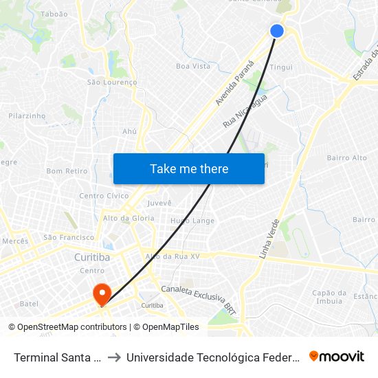 Terminal Santa Cândida (Madrugueiro) to Universidade Tecnológica Federal Do Paraná - Campus Curitiba - Sede Centro map