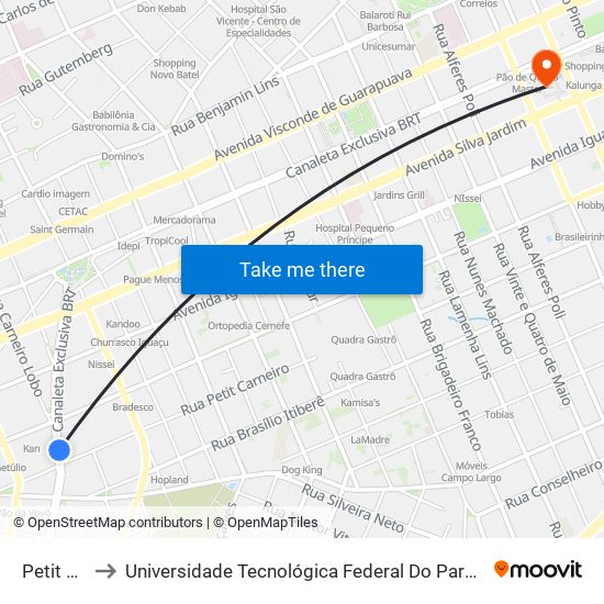 Petit Carneiro to Universidade Tecnológica Federal Do Paraná - Campus Curitiba - Sede Centro map