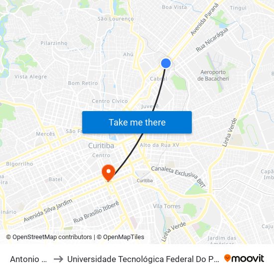 Antonio Cavalheiros to Universidade Tecnológica Federal Do Paraná - Campus Curitiba - Sede Centro map