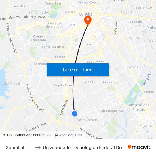 Xapinhal → Sítio Cercado to Universidade Tecnológica Federal Do Paraná - Campus Curitiba - Sede Centro map