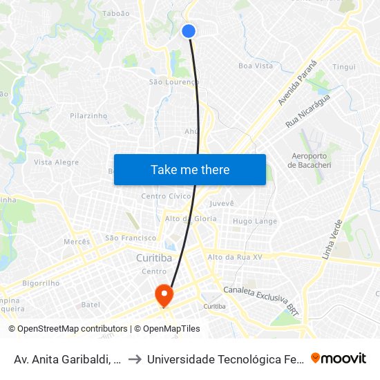 Av. Anita Garibaldi, 4080 - Term. Barreirinha (Externo) to Universidade Tecnológica Federal Do Paraná - Campus Curitiba - Sede Centro map