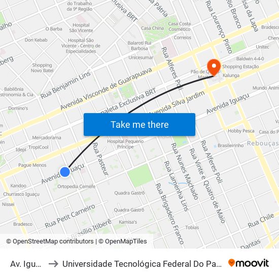 Av. Iguaçu, 2000 to Universidade Tecnológica Federal Do Paraná - Campus Curitiba - Sede Centro map