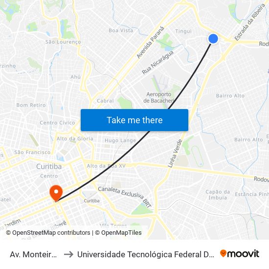 Av. Monteiro Tourinho, 1250 to Universidade Tecnológica Federal Do Paraná - Campus Curitiba - Sede Centro map