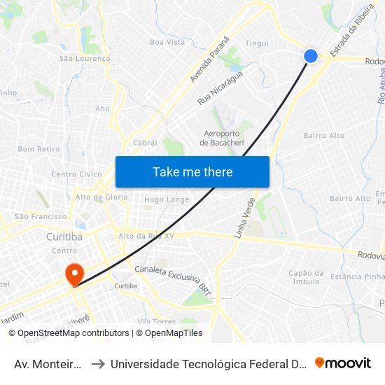 Av. Monteiro Tourinho, 1590 to Universidade Tecnológica Federal Do Paraná - Campus Curitiba - Sede Centro map