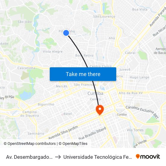 Av. Desembargador Hugo Simas, Cruz Do Pilarzinho to Universidade Tecnológica Federal Do Paraná - Campus Curitiba - Sede Centro map
