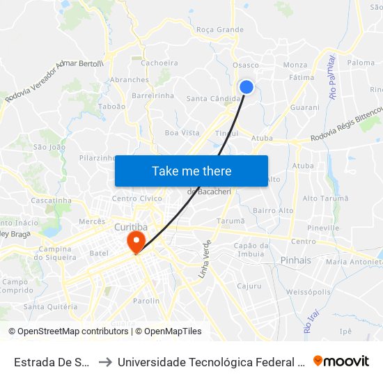 Estrada De Santa Cândida, 1343 to Universidade Tecnológica Federal Do Paraná - Campus Curitiba - Sede Centro map