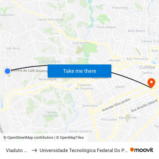 Viaduto Toaldo Túlio to Universidade Tecnológica Federal Do Paraná - Campus Curitiba - Sede Centro map