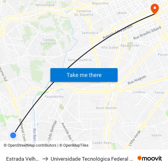 Estrada Velha Do Barigui, 3030 to Universidade Tecnológica Federal Do Paraná - Campus Curitiba - Sede Centro map