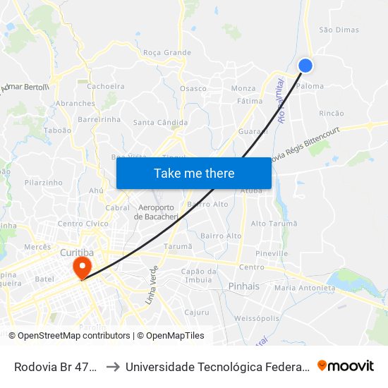 Rodovia Br 476 (Estrada Da Ribeira) to Universidade Tecnológica Federal Do Paraná - Campus Curitiba - Sede Centro map