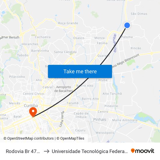 Rodovia Br 476 (Estrada Da Ribeira) to Universidade Tecnológica Federal Do Paraná - Campus Curitiba - Sede Centro map