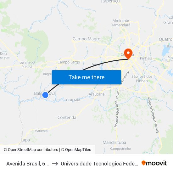Avenida Brasil, 665 - Prefeitura Balsa Nova to Universidade Tecnológica Federal Do Paraná - Campus Curitiba - Sede Centro map