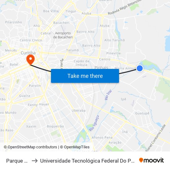 Parque Das Águas to Universidade Tecnológica Federal Do Paraná - Campus Curitiba - Sede Centro map