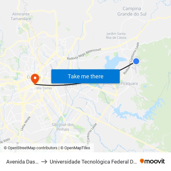 Avenida Das Pedreiras, 1000 to Universidade Tecnológica Federal Do Paraná - Campus Curitiba - Sede Centro map