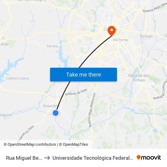 Rua Miguel Bertolino Pizato, 1037 to Universidade Tecnológica Federal Do Paraná - Campus Curitiba - Sede Centro map