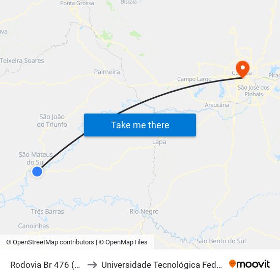 Rodovia Br 476 (Do Xisto) - Polícia Rodoviária to Universidade Tecnológica Federal Do Paraná - Campus Curitiba - Sede Centro map