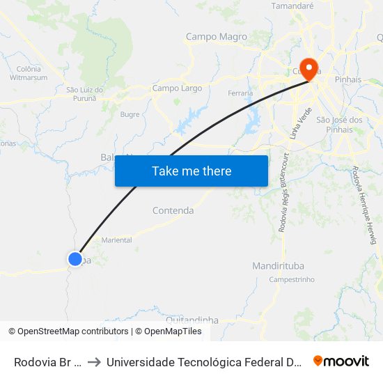 Rodovia Br 476 (Do Xisto) to Universidade Tecnológica Federal Do Paraná - Campus Curitiba - Sede Centro map