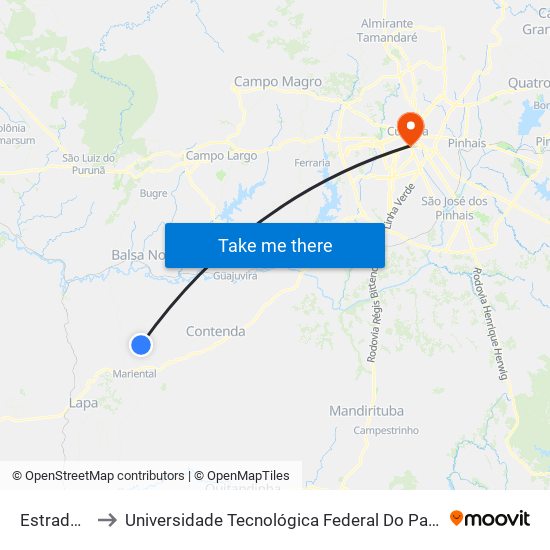 Estrada Do Feixo to Universidade Tecnológica Federal Do Paraná - Campus Curitiba - Sede Centro map